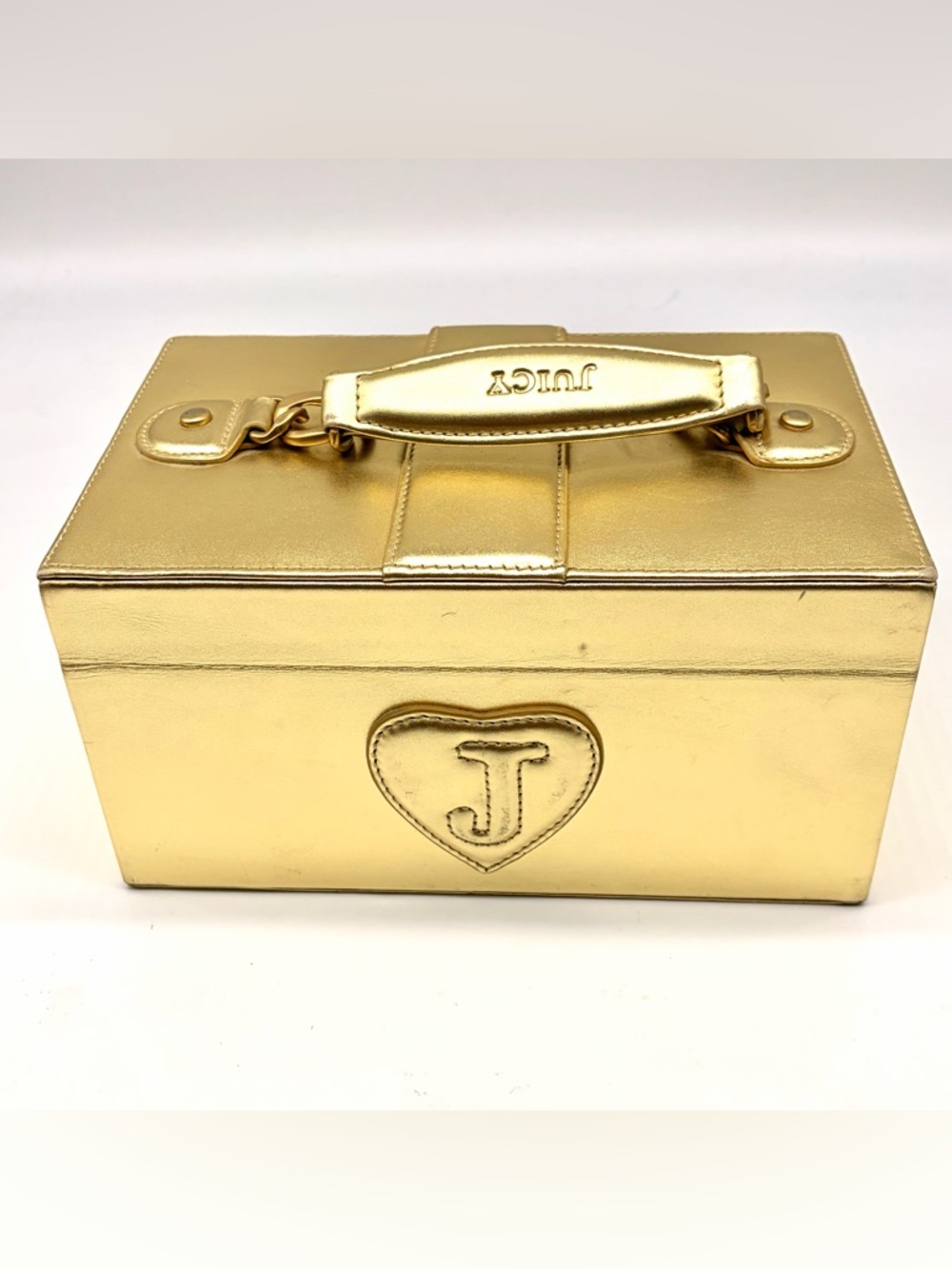 Juicy Couture Gold Leather Mirror Jewelry Box Metallic Large Lock Train Case Y2K